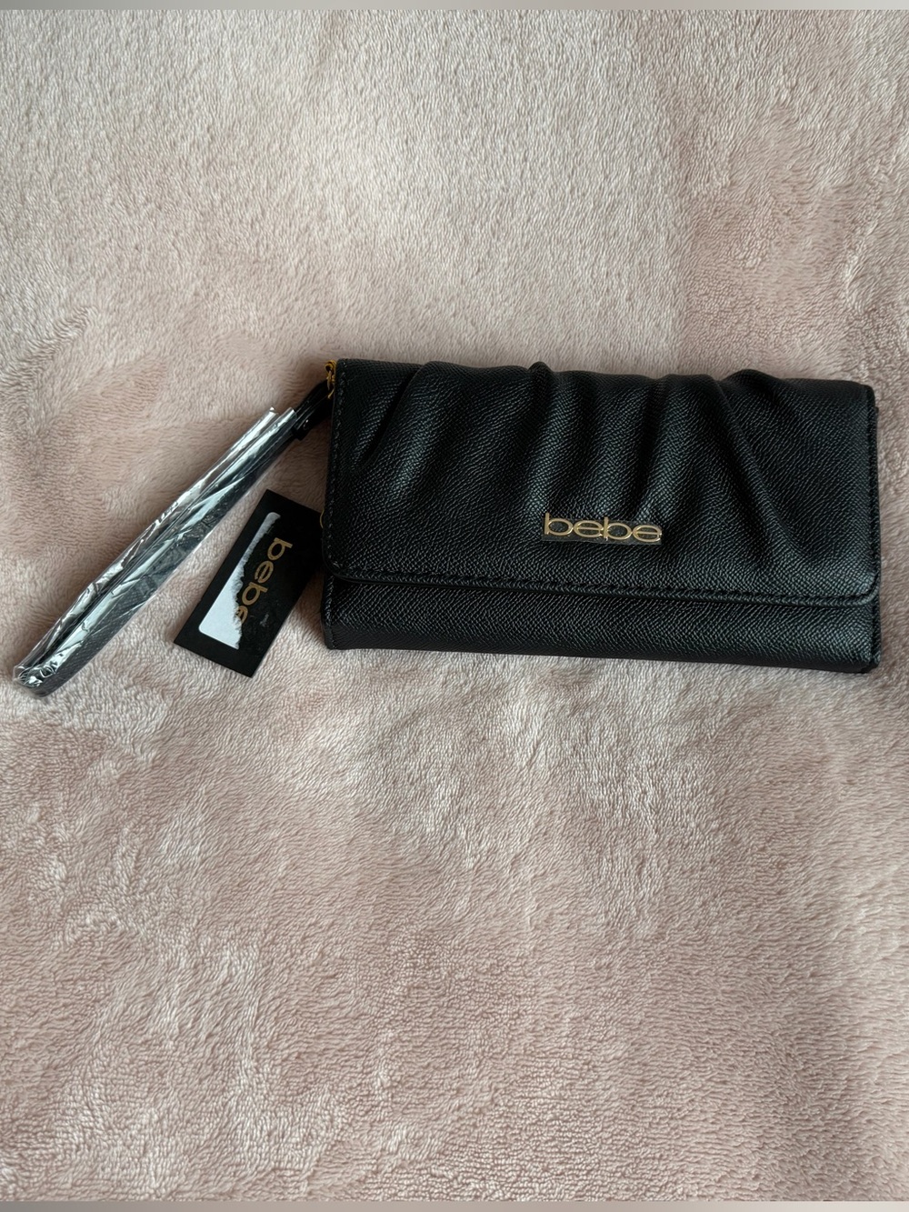 bebe Black Quilted Wristlet Wallet with Gold Logo